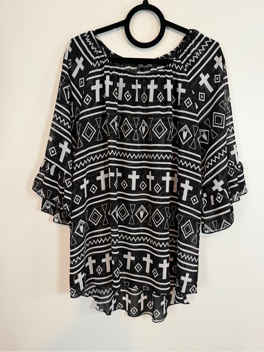 Cowgirl Hardware Black & White Cross Peasant Shirt Size Large Sheer 3/4 Sleeve